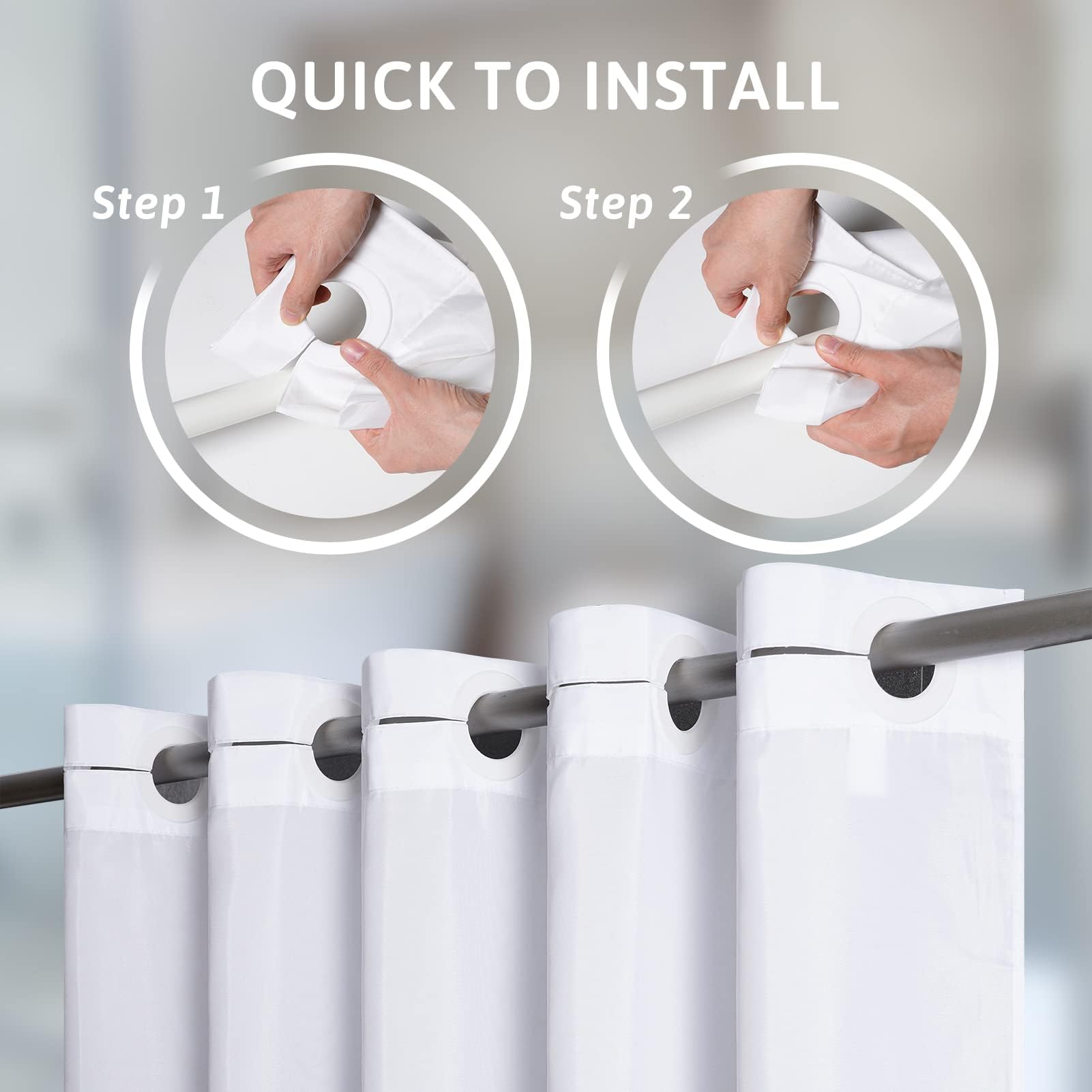 Furlinic 72x75 Waterproof No Hook Needed White Shower Curtain,Soft Polyester Fabric Bathroom Curtain with 10 Rustproof Split Grommet,Light Weighted & Washable, Hotel Style, Standard Size.