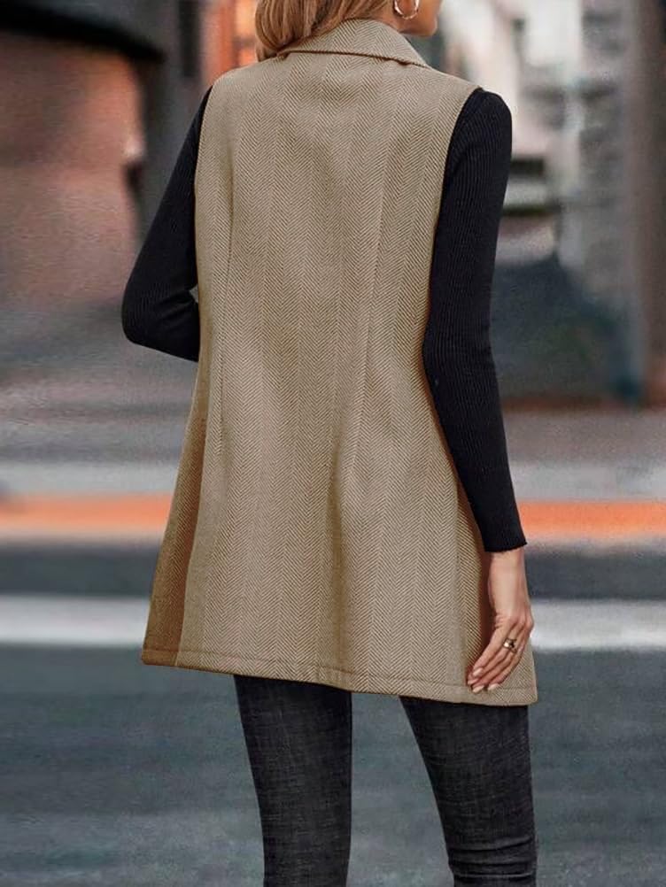Mywinway Tweed Vest Women Fall Winter sleeveless Long Herringbone Wool Blazer Jackets Dress Trendy Outerwear