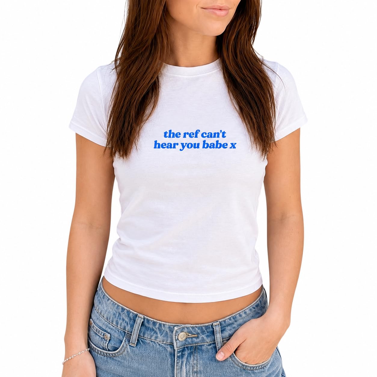 Sanfran Clothing The Ref Can't Hear You Babe Baby Tee T-Shirt Top World Football Shirt England Scotland Country Team 2026 Soccer Womens Flag Varsity Shirt White (Blue Text) - XL