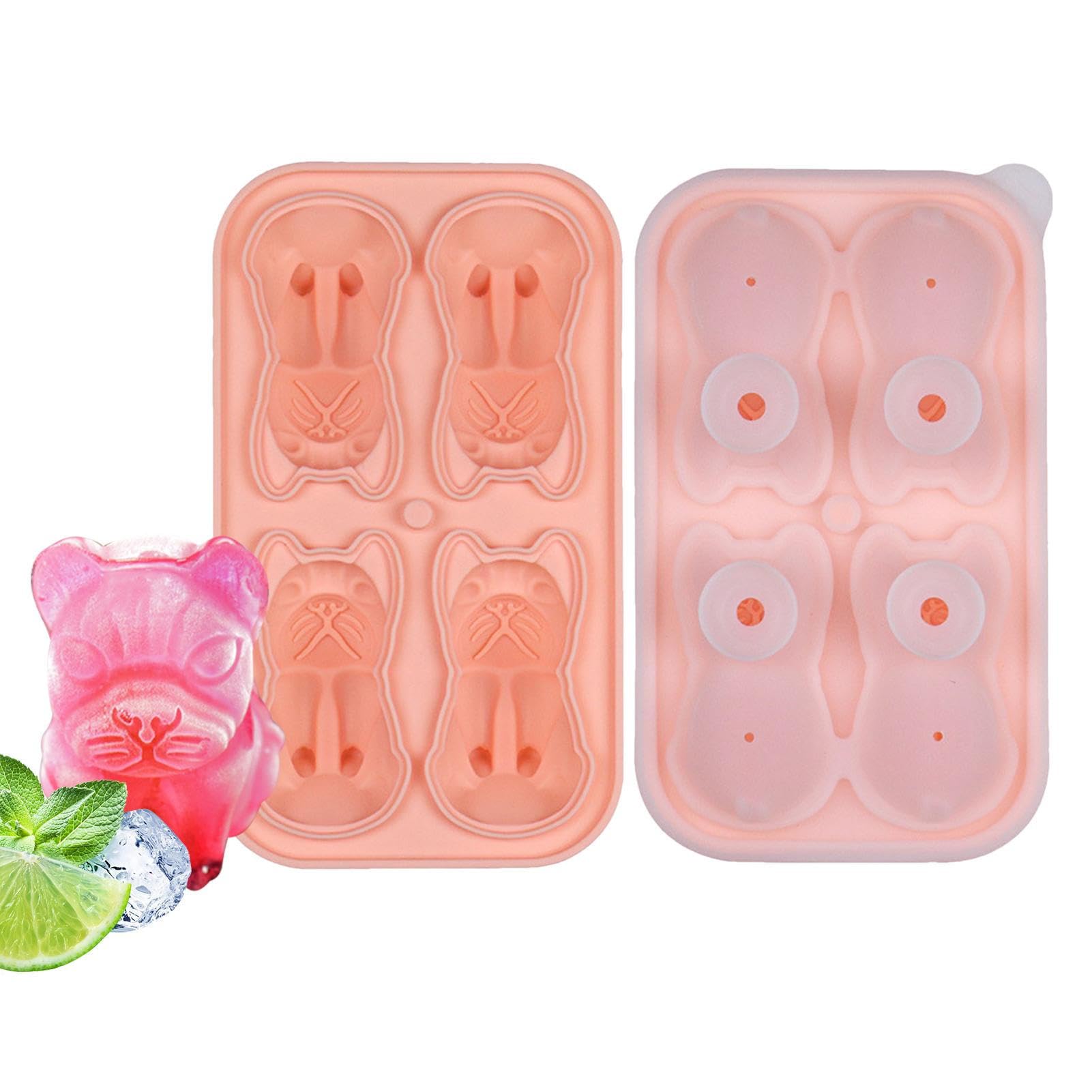Nupaque Pink Bulldog Mold,4 Cavity Bulldog Shape Molds - Fun Shape Tray Dog Shape Molds Reusable - Easy Release Silicone Ice Ball Maker For Coffee, Milk, Tea, Whiskey Spirits