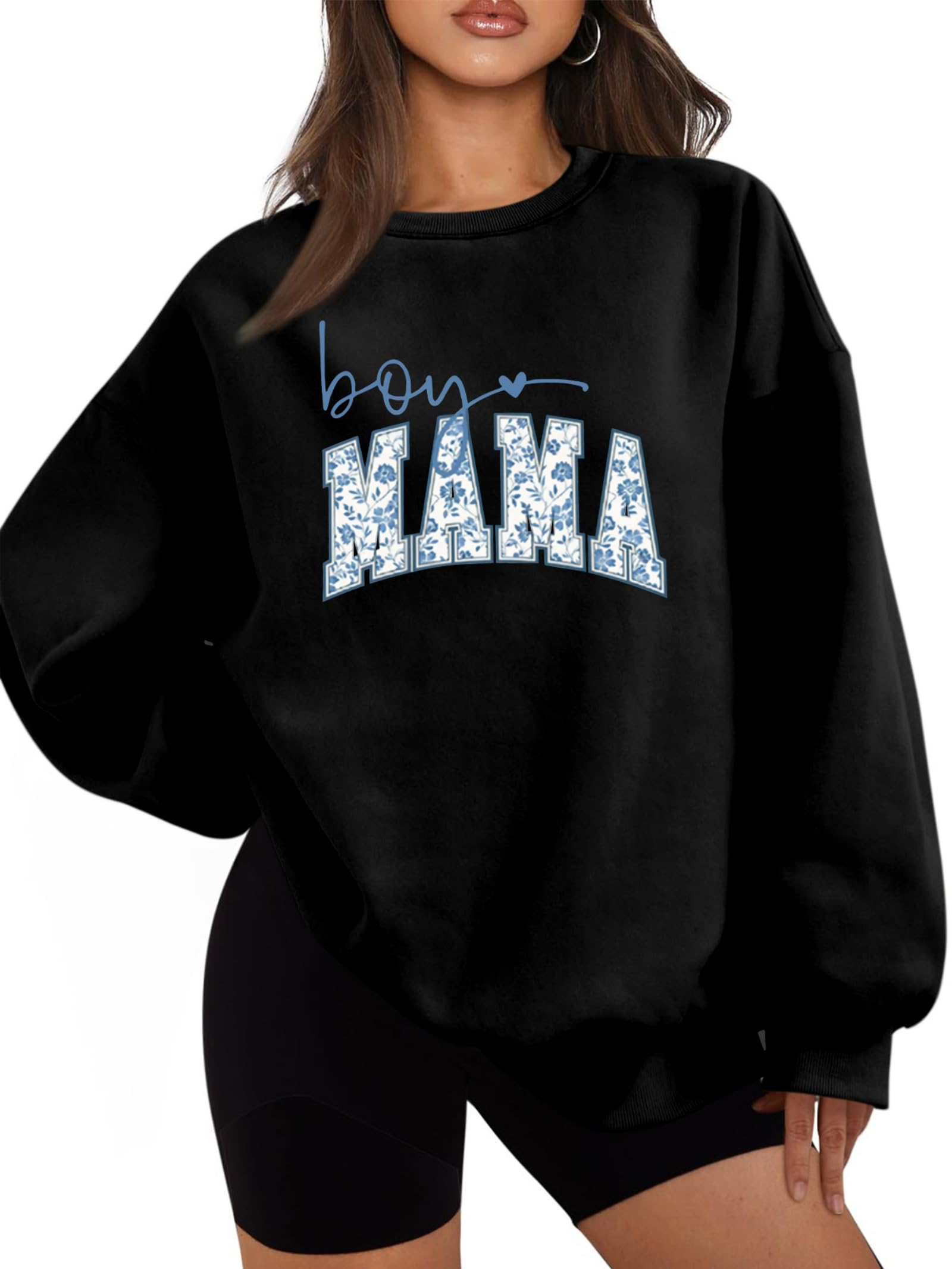 Boy Mama Fleece Lined Sweatshirt Women Mom Crewneck Pullover Fall Winter Letter Graphic Mothers Sweater Long Sleeve