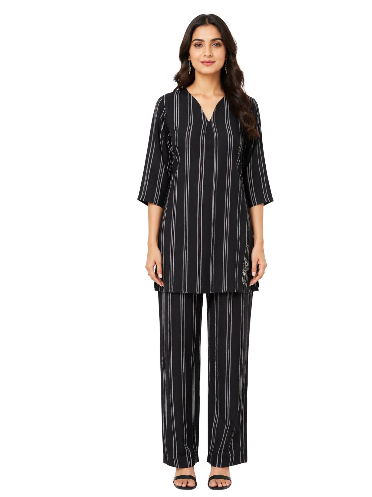 Women's Urban Sutra Linen Viscose Blend Co-Ord Set | Striped Embroidered Top with Straight Pants | V-Neck | 3/4 Sleeves-image-24