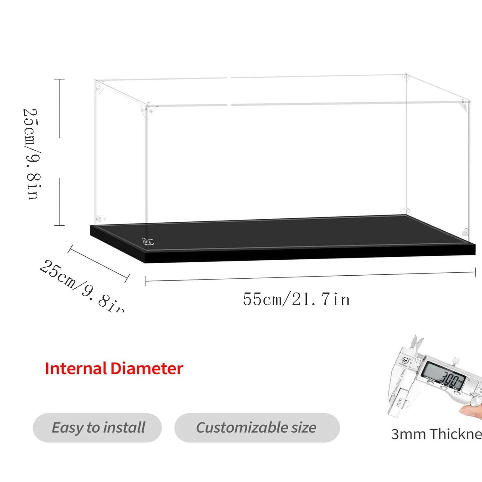 Vitrina Expositora para Colecciones,Vitrina Acrílica Transparente Antipolvo (Base Negra, 55x25x25cm)