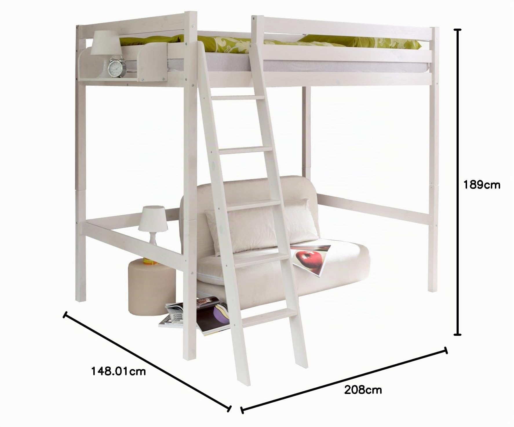 TiCAA Hochbett, Kinderbett Spielbett mit Treppe aus Kiefer Massivholz Bettgestell 140 x 200