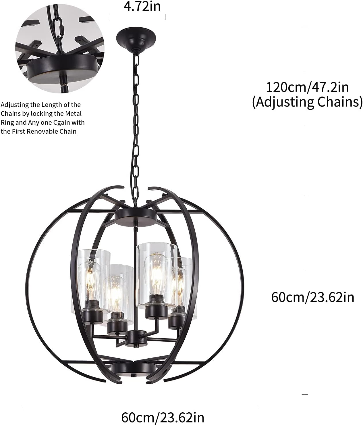BOZO 24" Modern Farmhouse Globe Chandelier, 4-Light Matte Black Orb Pendant Light Fixture with Clear Glass Shades, Industrial Spherical Hanging Ceiling Light for Dining Room, Kitchen Island, Foyer