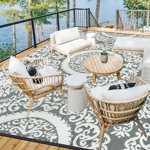 Capslpad 4'x6' Boho Floral Outdoor Rug for Patio Waterproof Reversible