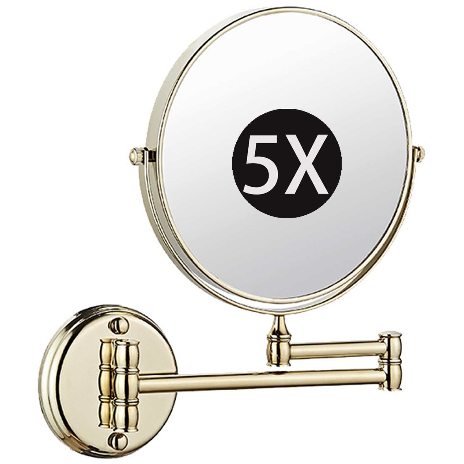 SXFSDOU 8" Wall Mounted Makeup Mirror with Magnification, Double Sided Magnifying Mirror, Rotatable Extendable Bathroom Shaving Vanity Mirror,Gold,5X