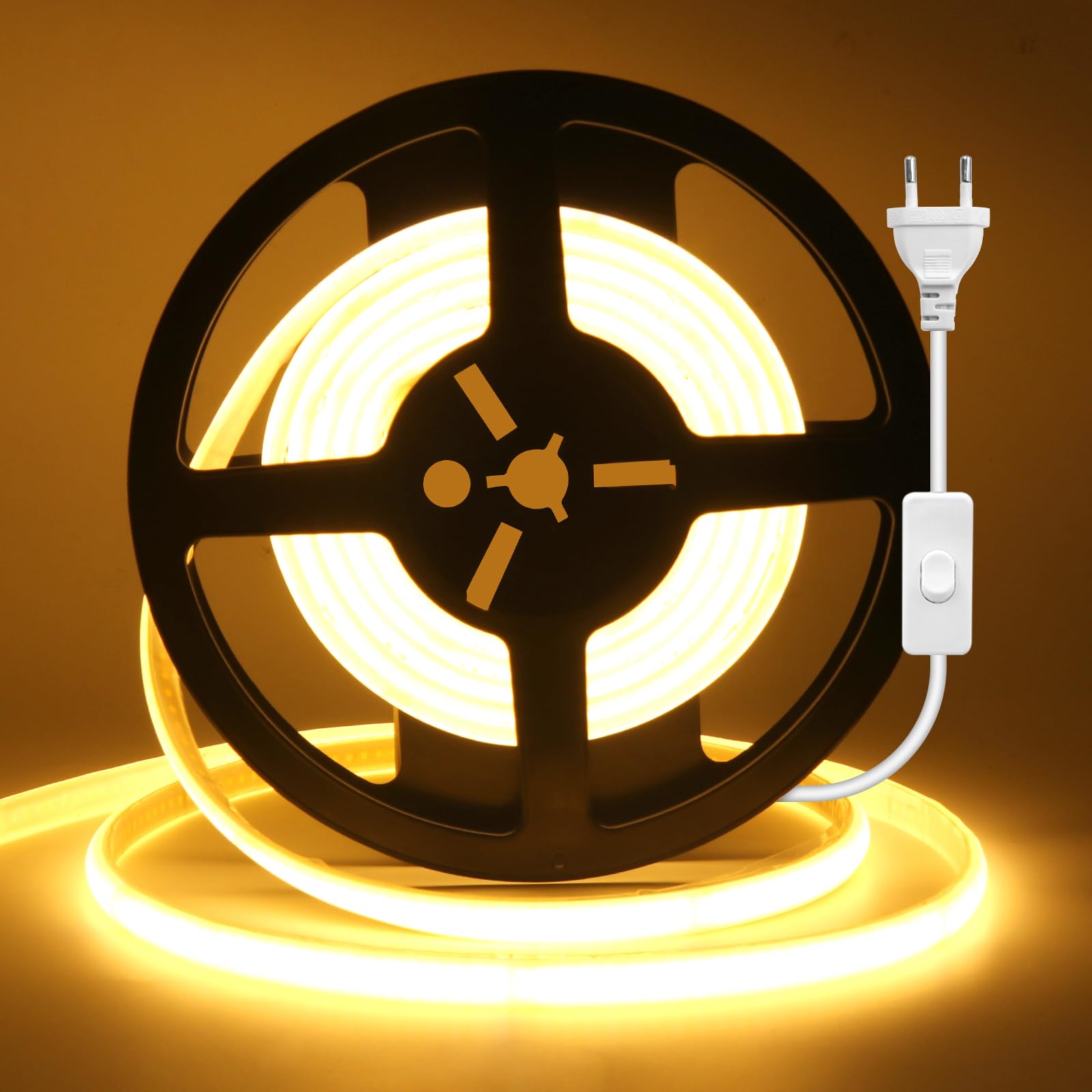 Tira LED Neón COB 220V con Encendido/Apagado [50M, Blanco Cálido 3000-3500K],IP65 Impermeable Flexible,320 LEDs/m Tira LED FCOB CRI85+,Cortable cada 10cm,Decoración para Hogares y Tiendas