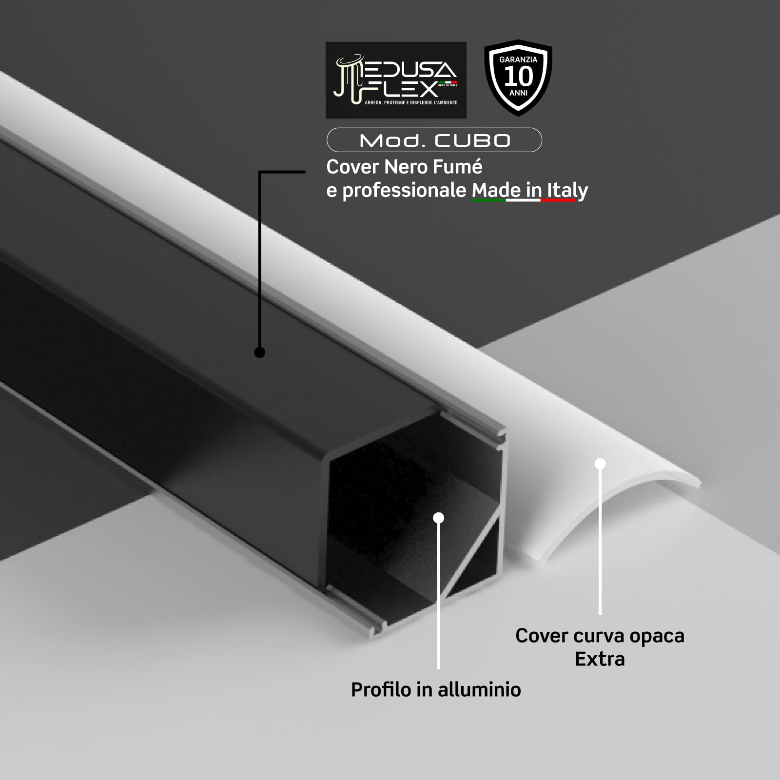 Profilo Alluminio Angolare per Strisce LED con copertura Professionale Nera Made in Italy MedusaFlex CUBO in Policarbonato - Pacco da 5 (10m) 2000 x 15.8 x 15.8mm - Cover standard opaca inclusa