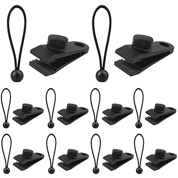 AOPRIE 10 Sets of Bungee Balls and Tarp Clips Black 6 Inches Ball Bungee Cord Heavy Duty Lock Grip Clamps Shark Fasteners Holder for Camping Tents Cargo Pool Awning Car Cover Holding Wire Hoses