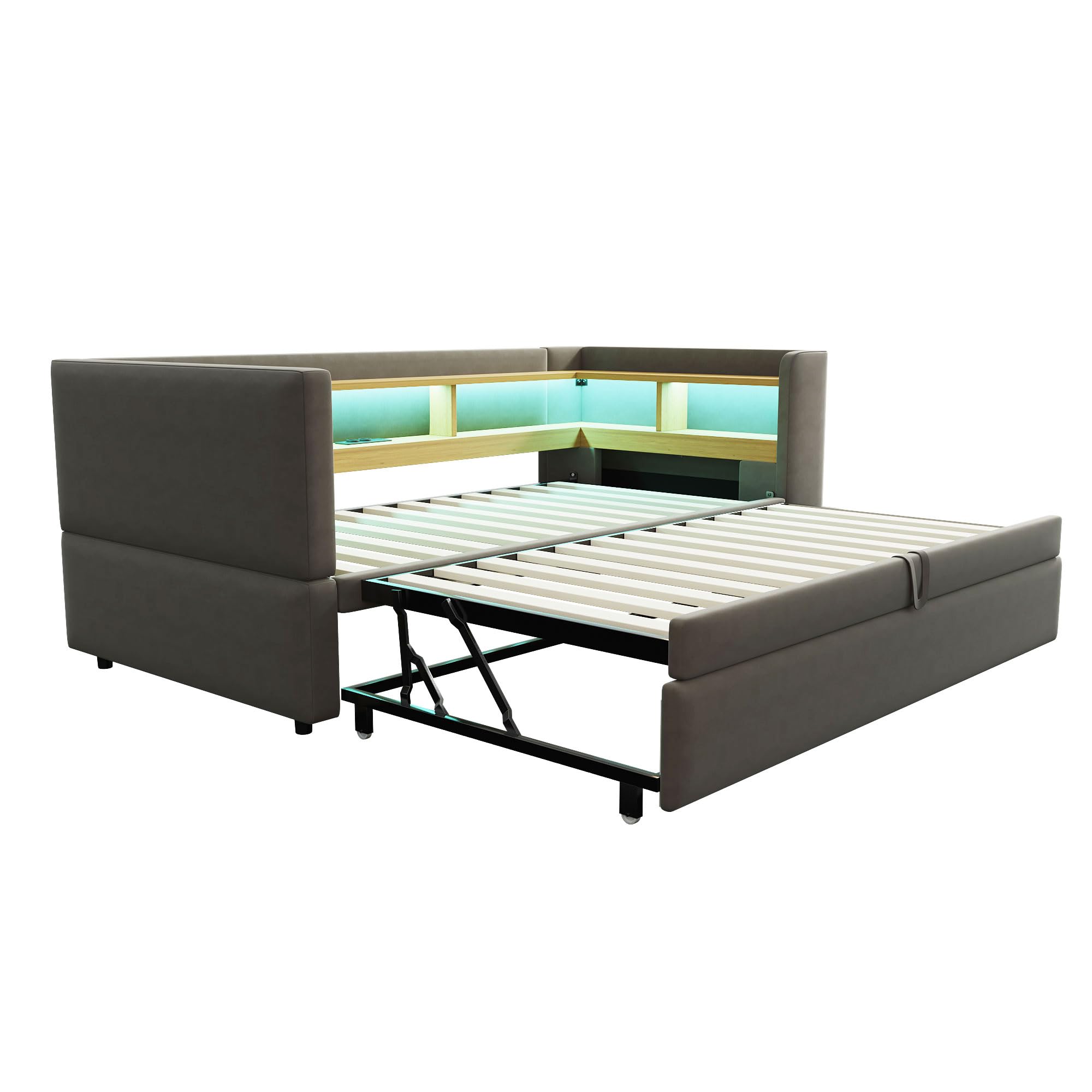 Divano Letto Estraibile 90/180 * 190cm, Letto Imbottito con Luci a LED e Prese USB, Numerosi Vani Portaoggetti Laterali, Multifunzione Lettos Singol, Grigio Scuro
