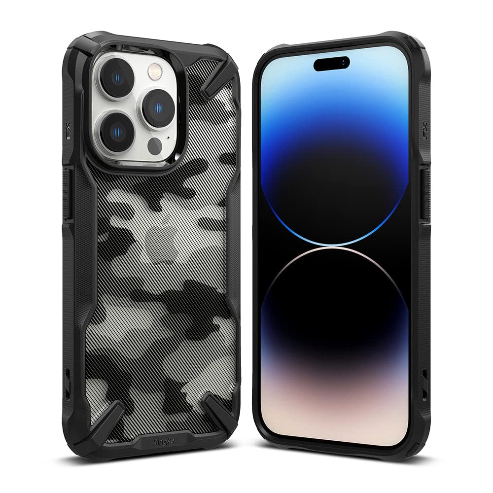 Ringke Fusion-X Design Case Compatible with iPhone 14 Pro 6.1 Inch, Clear Hard Back Heavy Duty Shockproof Advanced Protective TPU Bumper Phone Cover - Camo Black