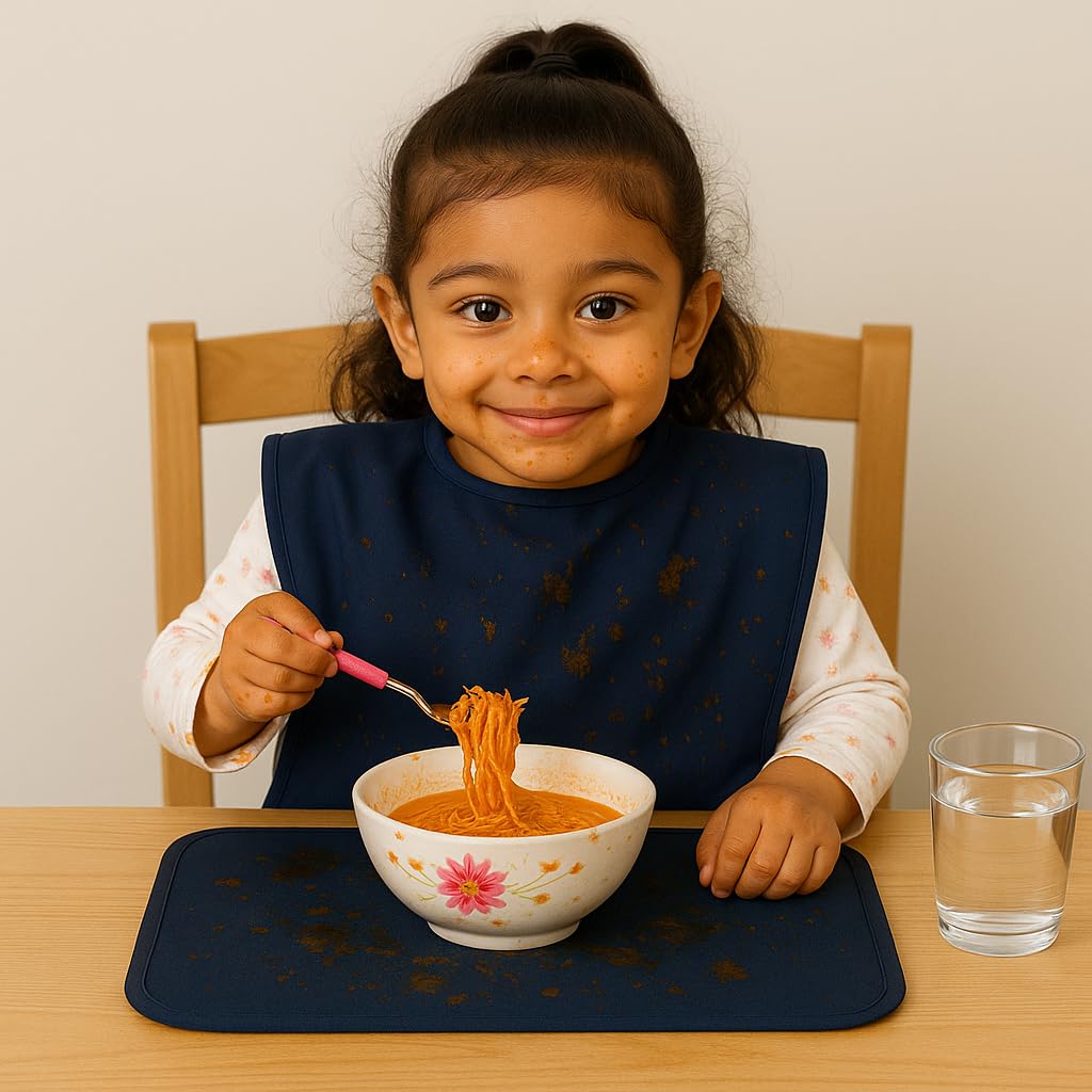 MAKSTILE Waterproof Kids Bib with Food Mat | Lightweight & Foldable | Multi-Functional Clothing Protector for Boys & Girls (6-12 Years) | School Lunch, Eating, Painting, Craft & Travel(Navy Blue) - Image 5 thumbnail