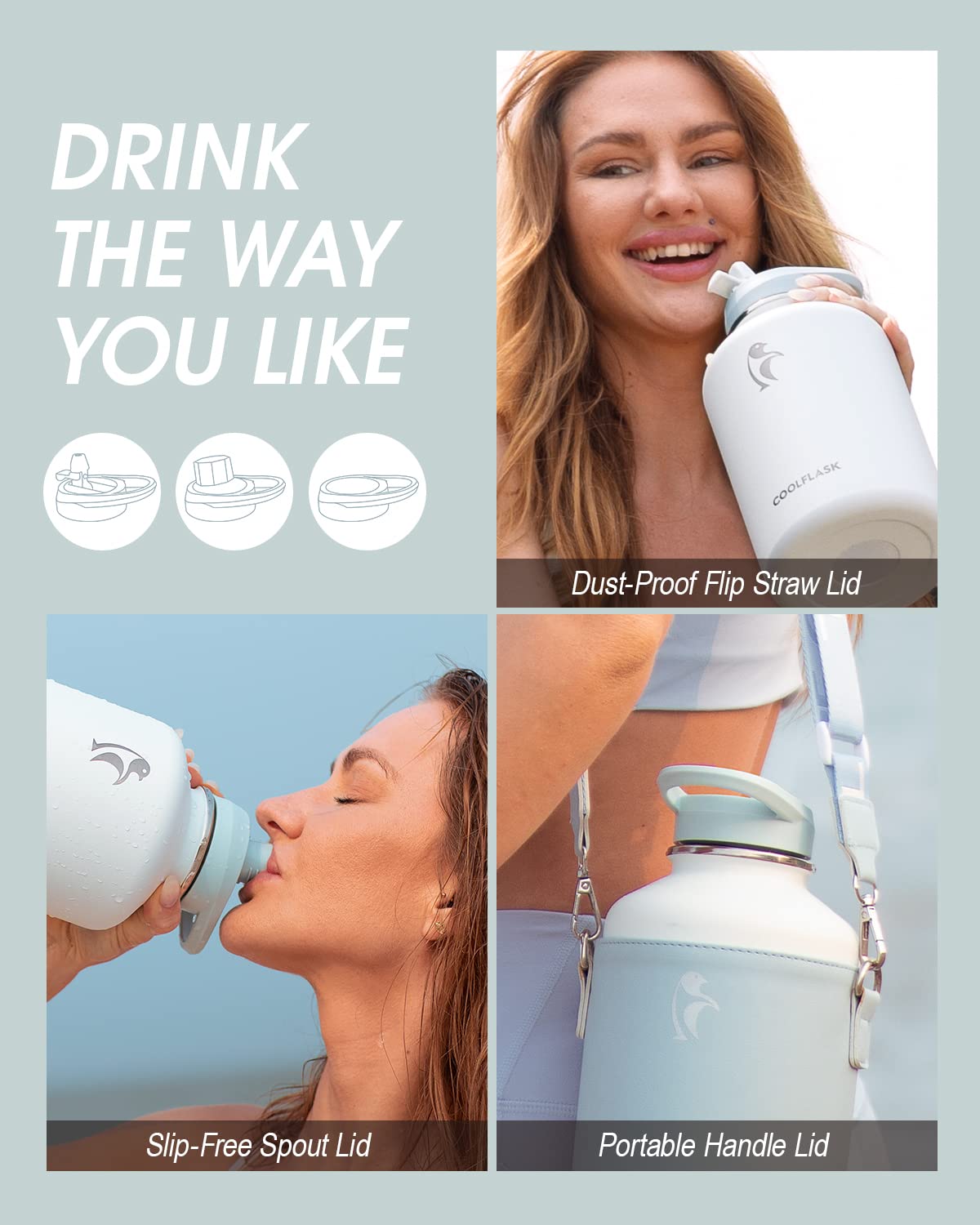 Coolflask Waterfles van een halve gallon geïsoleerd met PU-lederen hoes, 64 oz waterfles kleurcontrast met rietjesdeksels, roestvrijstalen metalen grote waterkan, koud houden 48 uur warm 24 uur, lila