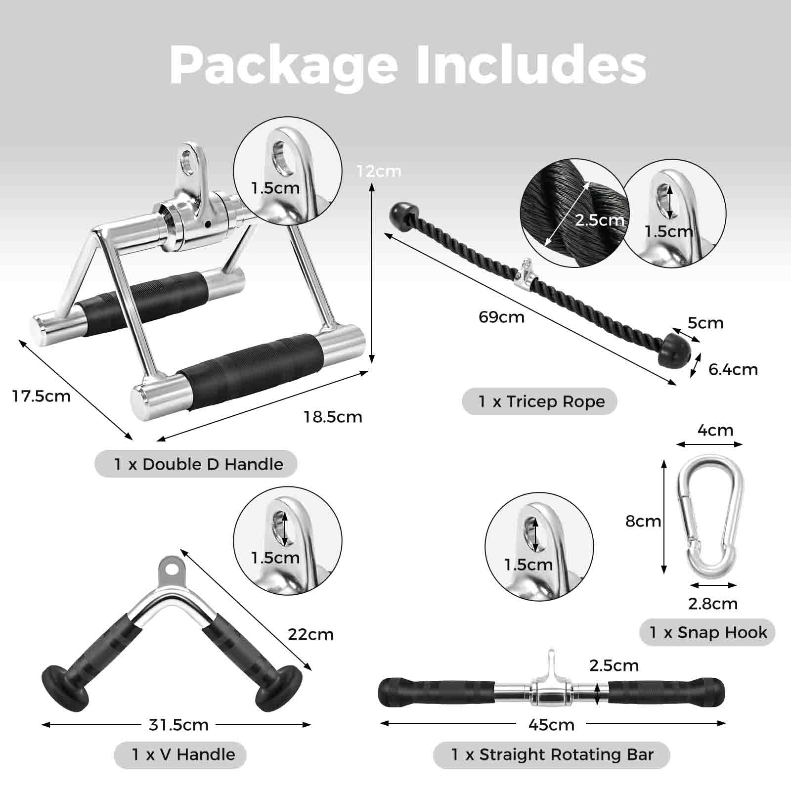 KOMFOTTEU 4 Accessori per Macchina a Cavi, Impugnature Palestra Set Multifunzione con Corda per Tricipiti, Triangolo Pulley per Palestra, Maniglia a V, Barra Tricipiti Dritta, Allenamento in Gym