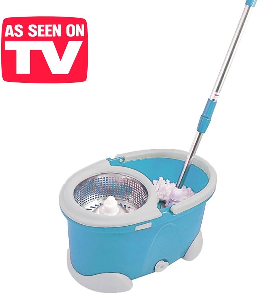 The ultimate Spin Mop 360! With automatic wringer without pedal and stainless steel basket - microfibre rotating scrubber drier spinning clean floor metal squeeze rotating mop and wring bucket set