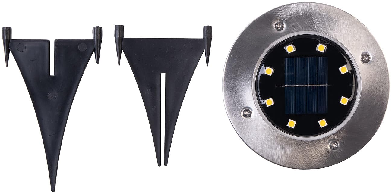Lunartec Erdspieß-Bodenleuchten: 12er-Set Akku-Solar-Bodenleuchten, Edelstahlgehäuse, 8 LEDs, wamweiß (Solarleuchten Garten Boden, LED-Solar-Bodenstrahler, Beleuchtung)