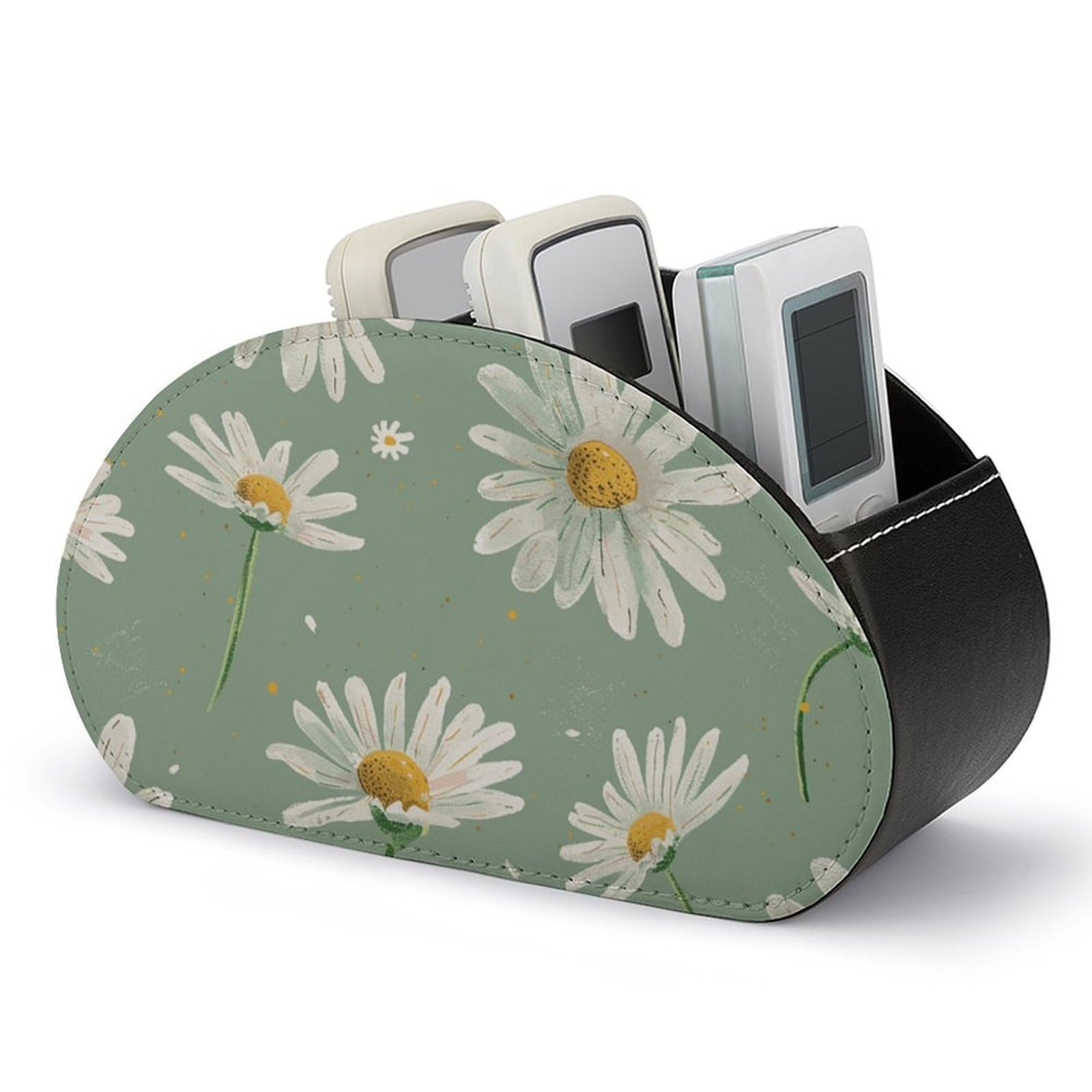 NTVOWPZO Green Daisy Pattern Remote Control Holder with 5 Compartment Organizer Box, Leather TV Remote Holder Organizer Caddy for Table, PU Leather Remote Box for Nightstand Office Desk Storage Box