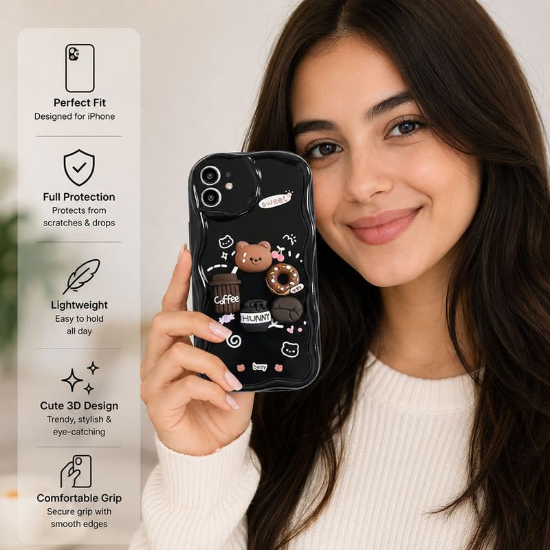 Image of ZR023 Compatible for iPhone 12 Cute Teddy Bear Design Back Cover | Soft Silicone Shockproof Protective Case | Slim Fit Stylish Camera Protection Phone Cover - Black