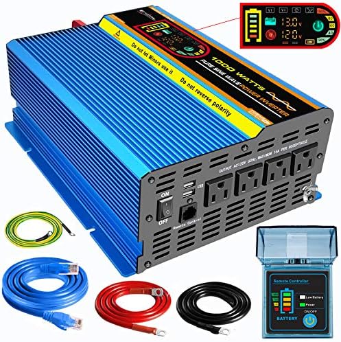 Pure Sine Wave Power Inverter 1000 Watt DC 12V to AC 110V/120V Solar Car Converter 4 AC Outlets Dual USB Ports with 5 Meter Remote Control and LCD Display - Peak Power 2000W