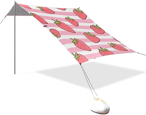 Toldo plegable UPF50 con diseño de fresas a rayas rosadas y blancas, parasol resistente al agua con sacos de arena y pala para camping, picnic,