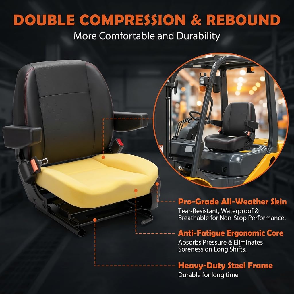 SEATIN Universal Gabelstaplersitz, Gabelstaplerzubehör, Traktorsitz, Fahrerhauszubehör, mit Mikroschalter, Armlehne und Sicherheitsgurt, für Traktor, Mäher, Skid Loader, Teleskoplader, Bagger,