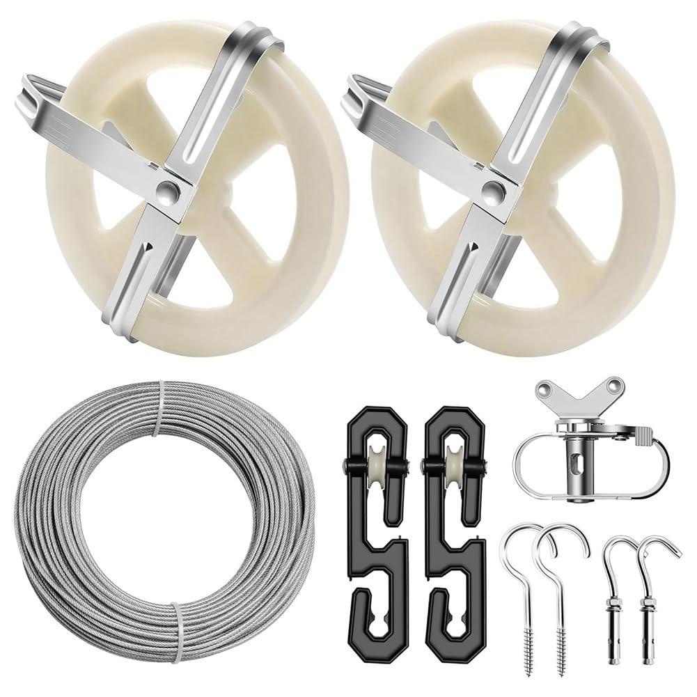 IJSDNVJNDX Clothesline Tightener Clothes Line Outdoors Kit 150.9FT Wire Rope 5-Inch Pulley, S-Type Divider, Tightener, Hook and Expansion