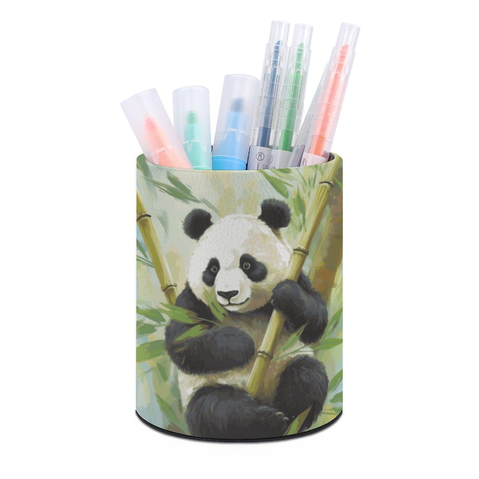JTREHY Round Pen Holder,Bamboo with Panda Printed Makeup Brush Storage Box for Home Office Dressing Table