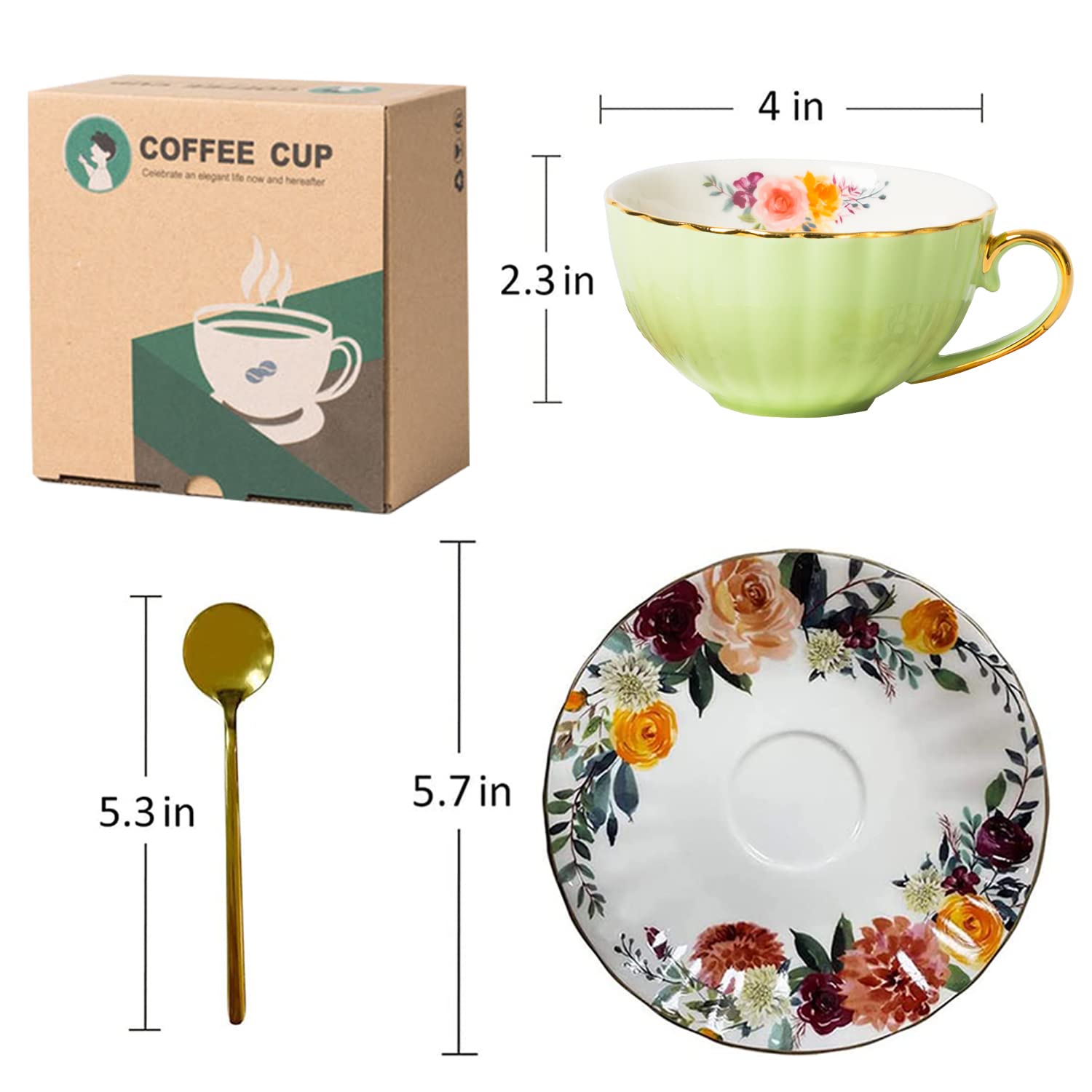 WRINGKIT Tea Cups And Saucers Set Of 6, 6 Oz Floral Tea Cups With Spoon, Porcelain Coffee Mugs For Espresso, Latte, Cafe Mocha - View #2