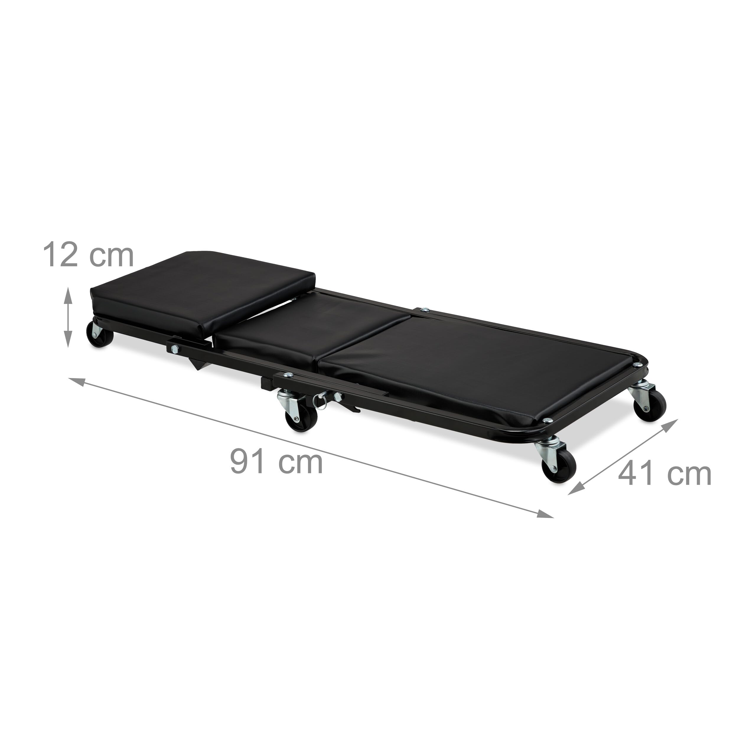 Relaxdays Camilla de Mecánico con Ruedas, Resiste 150 kg, Taburete Taller 2 en 1, Plegable, Giro 360º, para Coche, Negro