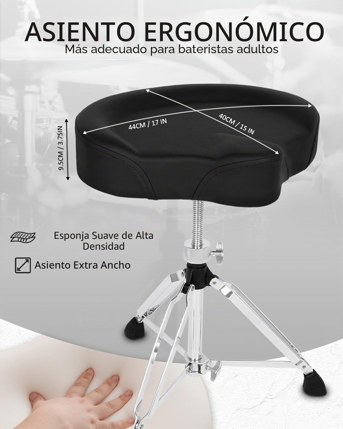 STRICH Saddle Drum Throne Seat SDB-30 - Taburete giratorio y acolchado ajustable para guitarra, silla de tambor ampliada estilo motocicleta resistente