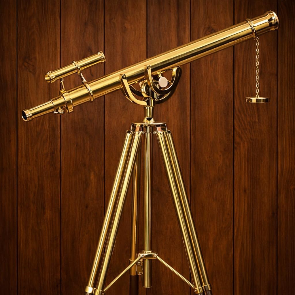 Nautical Double Barrel Shiny Brass Antique Telescope Floor Standing Wooden/Brass Stand Home Collectible Stand Brown Adjustable Tripod - Navirock