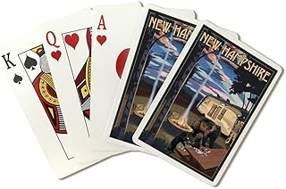 New Hampshire, Retro Camper and Lake with Bear Family (52 Playing Cards, Poker Size Card Deck with Jokers)