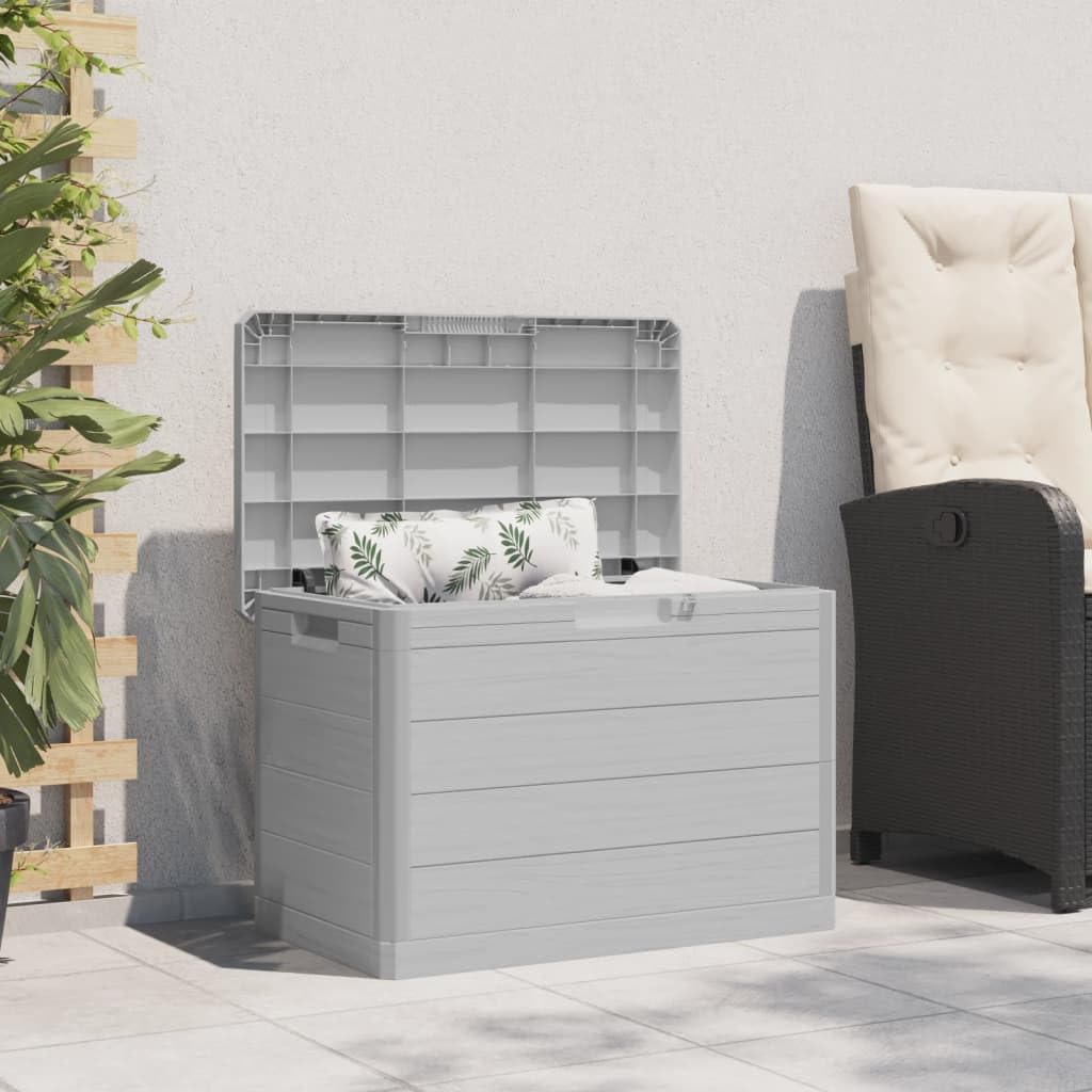 Outdoor-Kissenbox Grau 77,5x44,5x53 cm Polypropylen Aufbewahrungsbox mit abschließbarem Deckel und Holzoptik für Garten Terrasse Lagerung