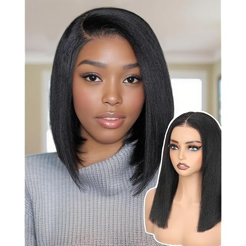 Bob Wig Human Hair Glueless Wigs Human Hair Pre Plucked Pre Cut Yaki Straight Human Hair Wig 180% Density 9x6 HD Lace Front Wigs for Black Women 14Inch