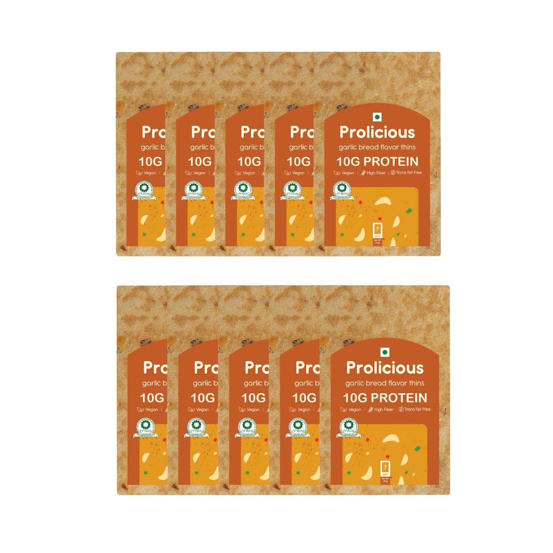Prolicious High Protein Garlic Bread Flavour Thins |10 grams Protein per Pack | Ready to Eat | Gluten Free | Plant Based High Protein Healthy Snack - (Pack of 10, 40grams Each)