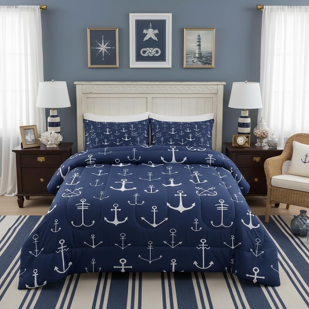 Homewish Anchor Comforter Set Navy and White Bedding Set for Kids Girls Women Adults Nautical Theme Comforter Anchor Printed Quilted Duvet Set Bedroom Collection Twin Size 2Pcs