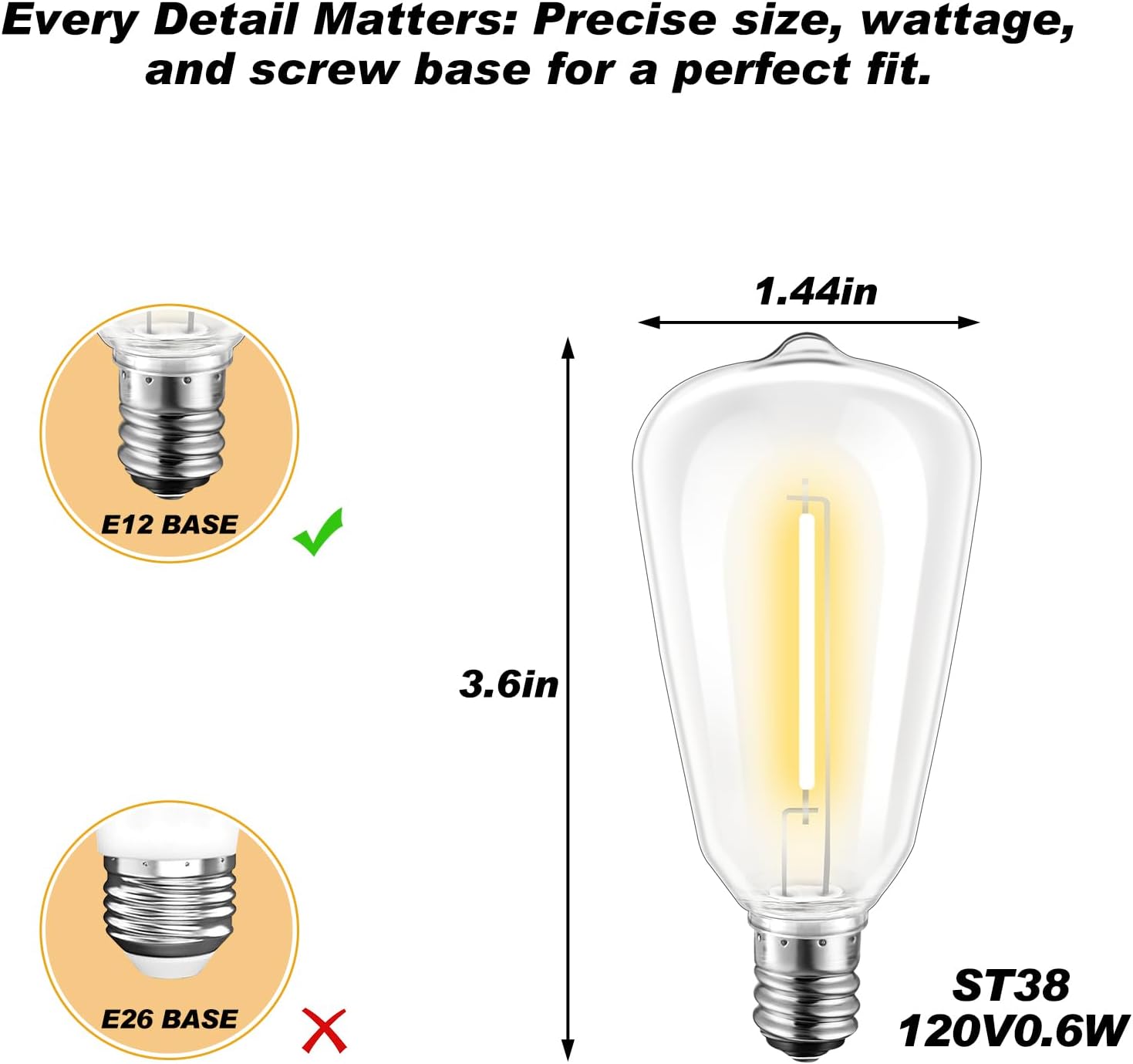 10-Pack ST38 LED Replacement Bulbs Shatterproof Dimmable Vintage Edison Bulbs 0.6W E12 Base 2700K Warm White for Quick String Light Repair Small Patios and DIY Projects - Image 2