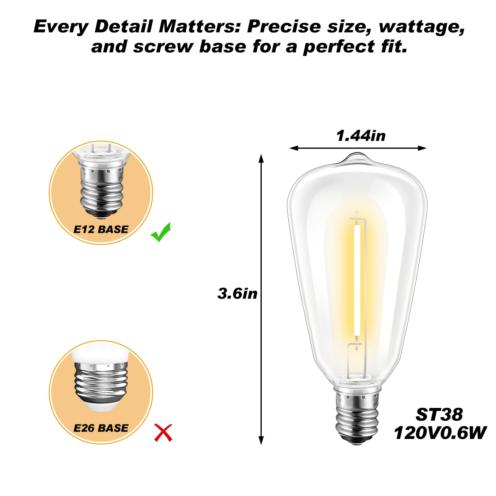 ST38 LED-Ersatzlampen, bruchsicher, dimmbar, Vintage-Edison-Glühbirnen, 0,6 W, E12-Sockel, 2700 K, Warmweiß, für schnelle Lichterkette, Reparatur, kleine Terrassen und DIY-Projekte, 10 Stück