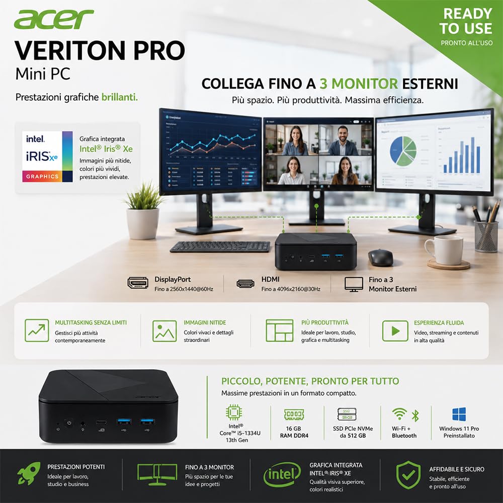 Acer Veriton Mini PC Intel i5-1334U 16GB RAM DDR4 SSD 512GB PCIe