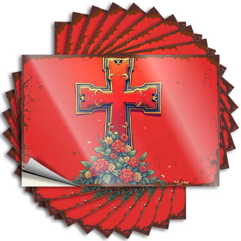 Saying Reading Mens Office Decor Window Vibrant Cross with Floral Tribute On Rustic Background - No Residue Decals for Sports(6X9CM)