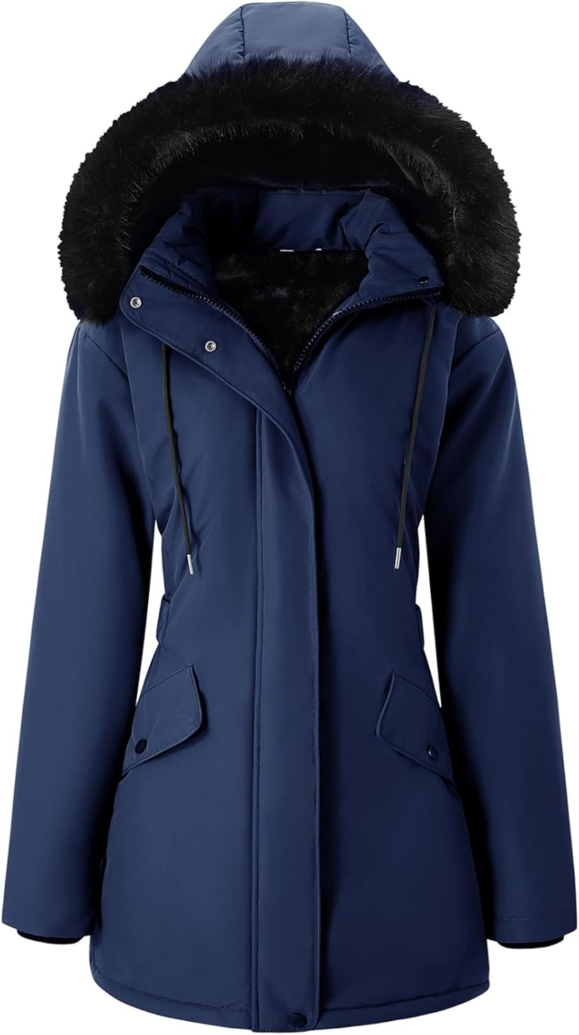 Wyeysyt Womens Winter Puffer Coat Waterproof Thicken Fleece Lined Long Parka Jacket With Faux Fur Detachable Hood