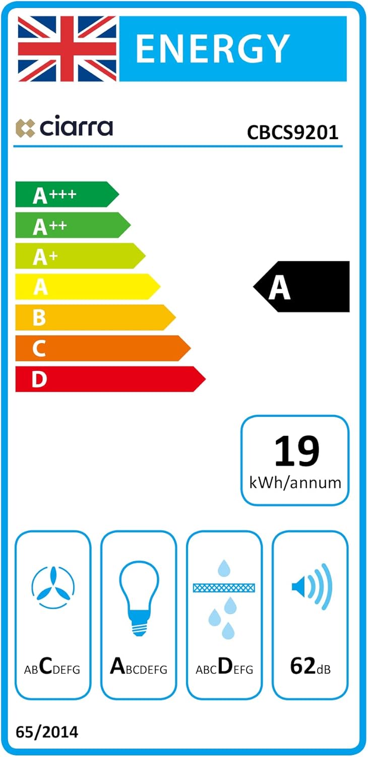 Energy label for the CIARRA CBCS9201 showing Class A efficiency, 19 kWh/annum, and 62 dB noise level