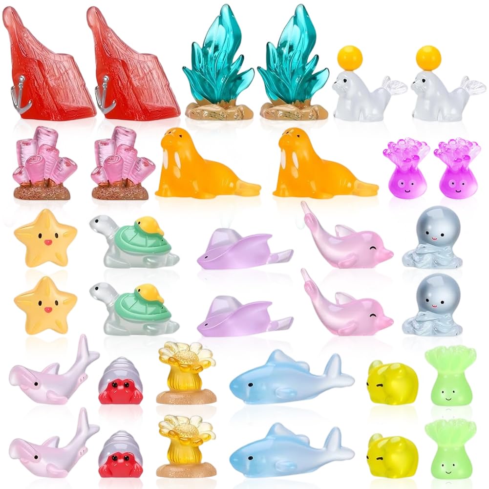 Jynxtoyzeal Multicolour 34 Pcs Sea Creature Ornament Glow In The Dark Ornament Colorful Ocean Animal Figurines Mini Resin Sea Animals For Aquarium Landscaping, Miniature Scenes Or Desktop Decoration