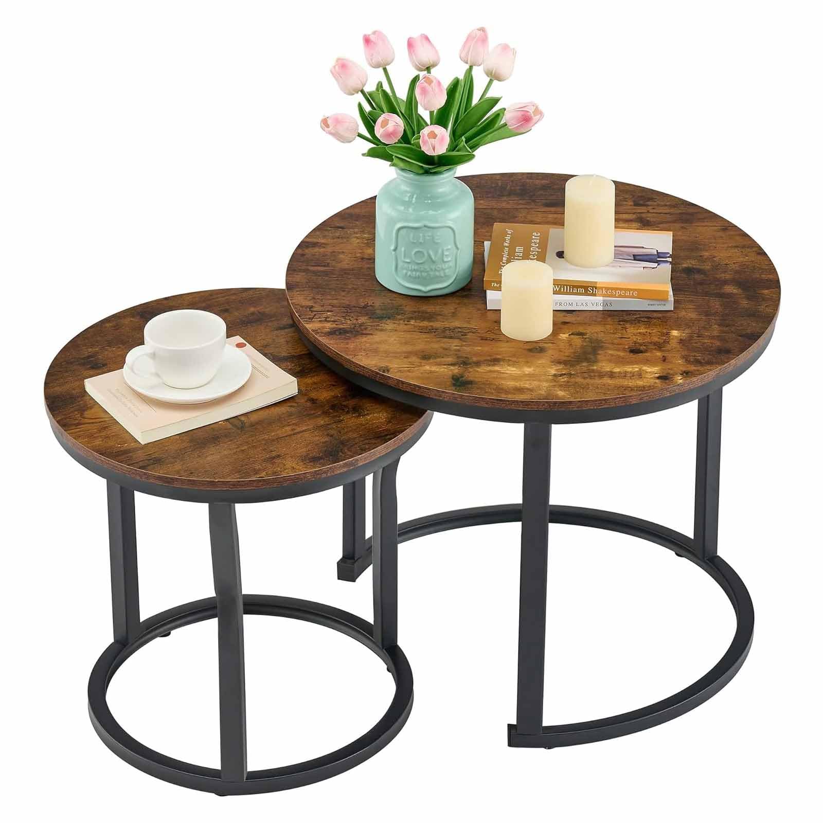 SXZenSpace Nesting Coffee Tables, Round Tables Set of 2, End Stacking for Living Room, Circle Side Wooden Table Top, Rustic Brown