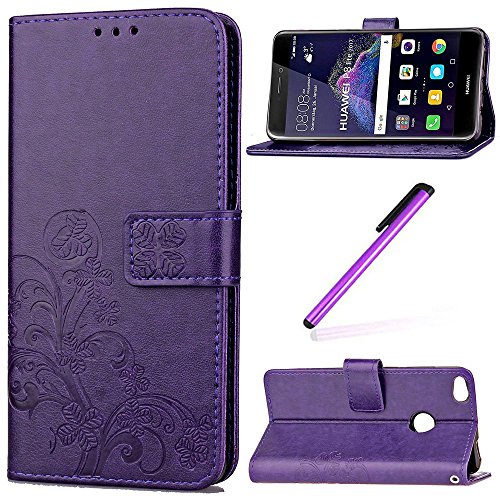 EMAXELERS Funda Huawei P8 Lite 2017 Premium PU Cuero Cartera para Tarjetas y Cierre Magnetico Soporte Plegable Funda Protectora para Huawei P8 Lite 2017 Purple Clover