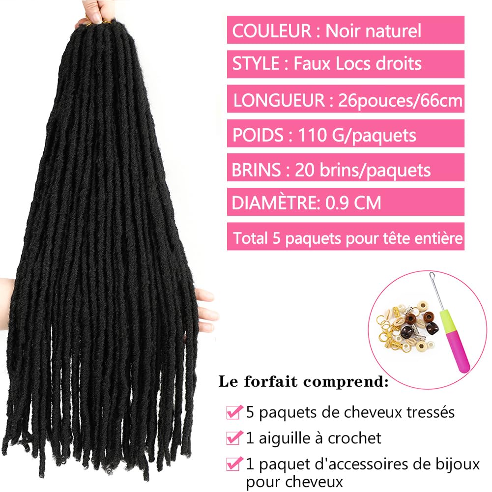 SOKU Goddess Faux Locs Crochet Hair Noir 5 Packs/lot Dreadlocks Crochets Tresses Doux Faux Locs Tressage Extensions de Cheveux 66cm Dreadlocks Synthétiques