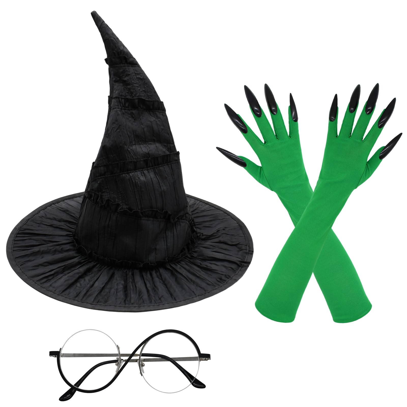 KATOLK Witch Costume Accessories Set - Black Witch Hat, Round Frame Glasses & Green Claw Gloves for Women - Halloween Cosplay, Movie Props &