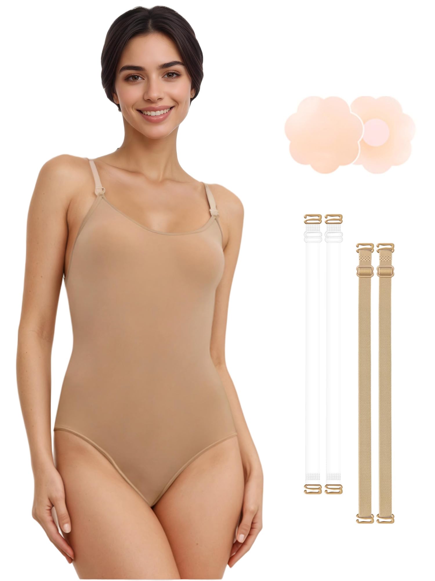 ZILANZI Women and Girls Nude Leotard with Pasties Dance Underwear with Clear Adjustable Straps