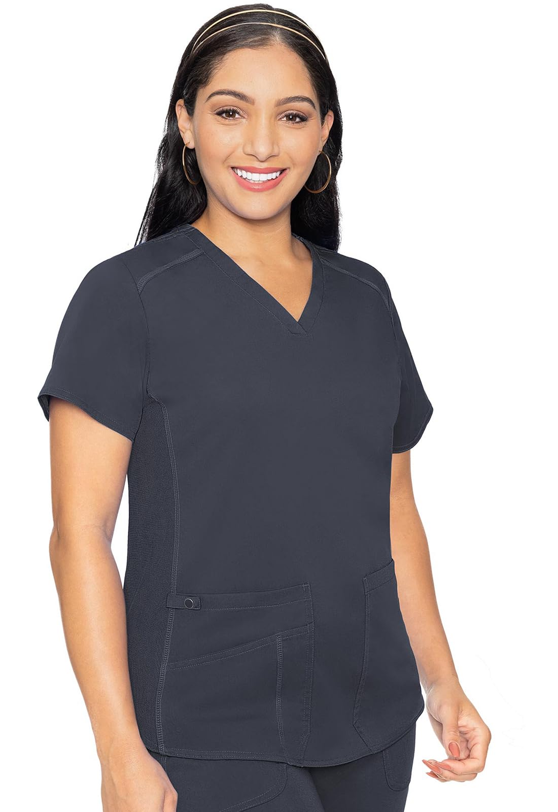 Med Couture V-Neck Scrub Top for Women with 4 Pockets, Rib-Knit Side Panel, and Shirttail Hem MC7459